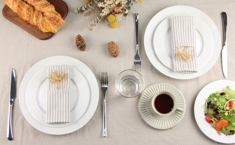 INFEI Plain Striped Cotton Linen Blended Dinner Cloth Napkins - Set of 12 (40 x 30 cm) - for Events & Home Use (Beige) - Image 5